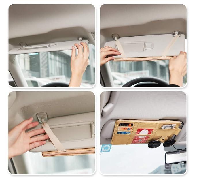 Step-by-step process of using a car visor organizer with a wallet inside.